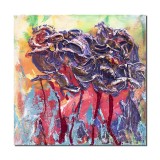 Tablou 3D cu flori pictat manual, Irisi stilizati, 30x30cm acril pe panza in cutit efect, gatat de expus pe perete