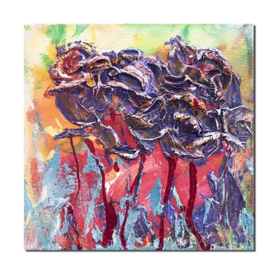 Tablou 3D cu flori pictat manual, Irisi stilizati, 30x30cm acril pe panza in cutit efect, gatat de expus pe perete foto