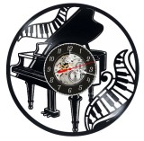 Ceas de perete decorativ din disc vinil, Model Pian cu Coada, Clape, Negru, 30cm, Mecanism Quartz Silentios
