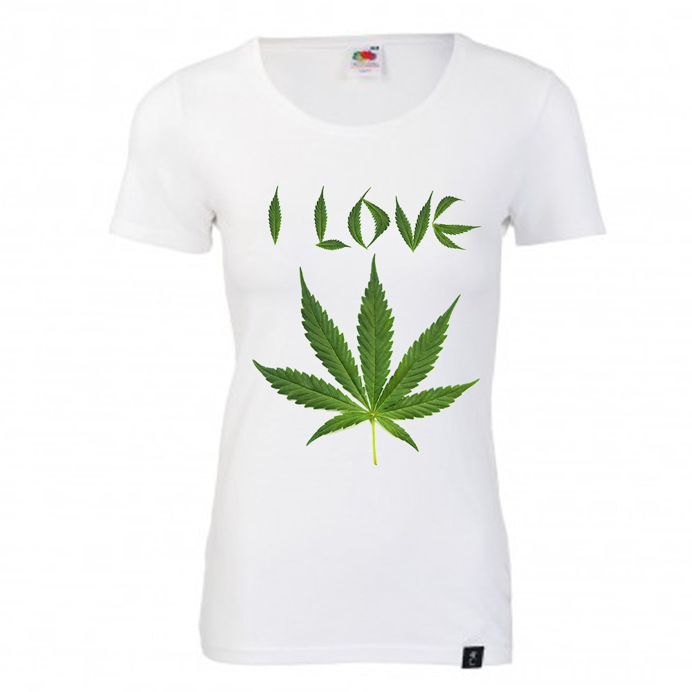 TRICOU PERSONALIZAT DAMA "I LOVE MARIJUANA", tricou mesaj cannabis, Alb, L,  M, S, XL, XXL, Imprimeu grafic, Fruit of the Loom | Okazii.ro
