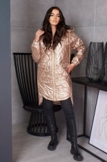 Geaca dama bej asimetrica cu gluga detasabila