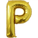 Balon folie metalizata litera p, flippy, 40 cm, umflati cu heliu sau aer, ambalaj individual, pai inclus, auriu