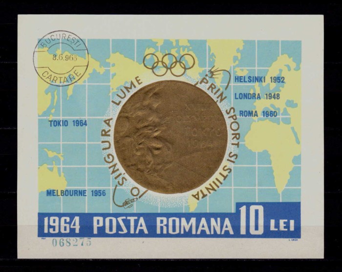 RO 1964 LP 597 &quot;Medalii Olimpice - Tokio &#039;64 &quot; ,colita 59 , stampilat