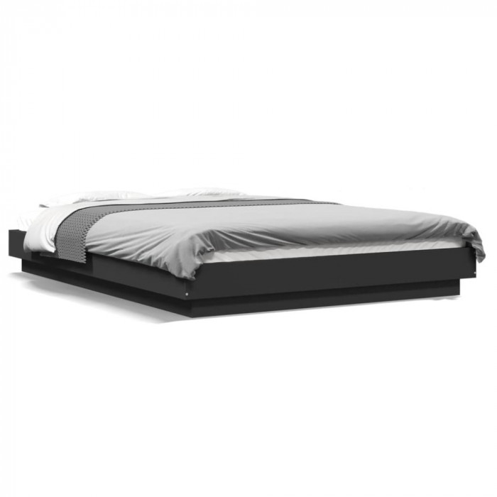 vidaXL Cadru de pat cu lumini LED, negru, 135x190 cm, lemn prelucrat