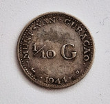 Moneda argint _ Curacao 1/10 gulden 1944 _ AG .640 _ km $ 43 _ tiraj mic raraa, America Centrala si de Sud