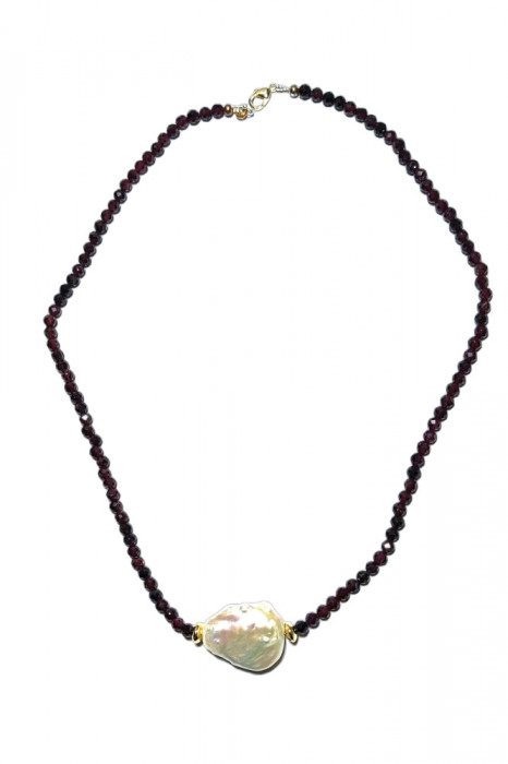 B240. Colier dama Love cu Perle Baroque si Granate Rubinii, 44 cm, Lux, Unicat