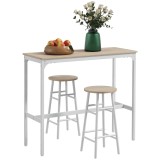 HOMCOM Set masă &icirc;naltă de bar + 2 taburete structură din oțel blat aspect lemn natural 2 persoane alb | Aosom Romania