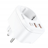 Incarcator Priza, Adaptor Shuko 2xUSB-A, Type-C, QC 3.0, 3A, PD 20W, Hoco (NS3), White