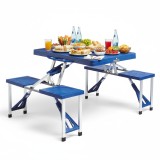 Set mobilier, masa pliabila albastra si 2 bancute pliabile, pentru gradina, camping sau pescuit, tip valiza, JollyMag, OXE2712