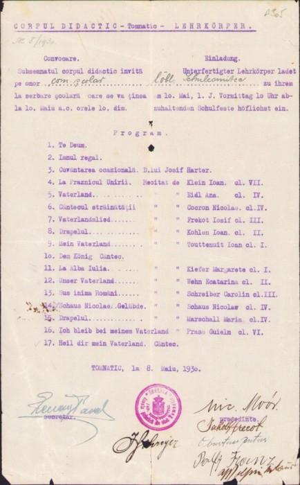 A2182 Programul serbării de 10 mai 1930, școala din Tomnatic, județul Timiș