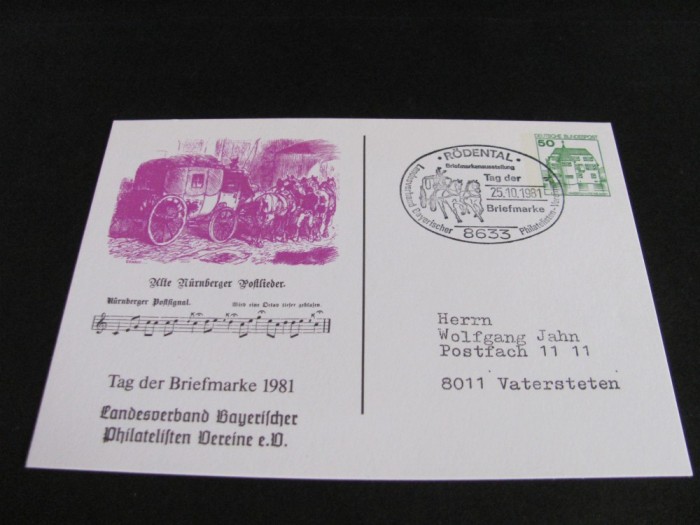 Carte Poștală Filatelică Vintage Germania 1981 &ndash; Ziua Mărcii Poștale, Ilustrație Diligență N&uuml;rnberg, Obliterată Special, Colecție Rară!