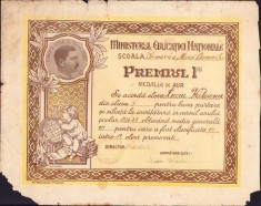 A1349 Diplomă Medalia de aur școlară, premiul I, Cluj, 1937