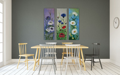 Set 3 tablouri pictate manual, Flori de camp, 60 cm x 60cm foto