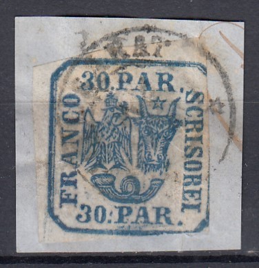 ROMANIA 1862 LP 10 PRINCIPATELE UNITE EMISIUNEA I - 30 PARALE/FRAGMENT STAMPILAT foto