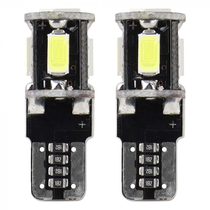 Bec de pozitie tip LED Canbus, T10 W2.1x9.5 W5W, 12V 2W, 5 SMD 5730, culoare alb, Amio, set 2 buc