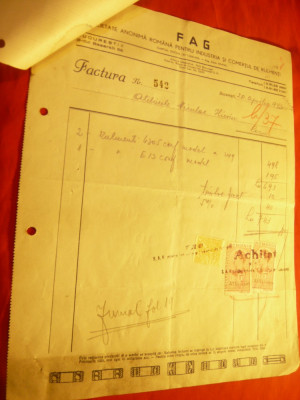 Factura cu Antet Firma FAG -Soc.Anonima Comert Rulmenti 1943 Buc.3Timbre Fiscale foto