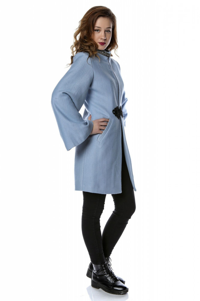Palton dama din stofa bleu cu maneci clopot PF26, M | Okazii.ro