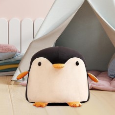 Taburet pentru copii, cadru din lemn masiv, pern&Auml; elastic&Auml; din burete, design ergonomic cu m&Atilde;&cent;ner, model pinguin, 25 x 29 x 29 cm, negru