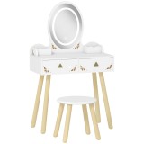 AIYAPLAY Set Măsuță și Scaun pentru Copii cu Oglindă cu Lumini LED &icirc;n 3 Culori, Sertar, Cutii de Depozitare, pentru 3+ Ani, Alb | Aosom Romania