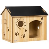 PawHut Hundeh&uuml;tte, cu deschideri pentru ventilare, rezistent la intemperii, din material lemnos, Negru+Culoare lemn, 69 x 50 x 58,5 cm | Aosom Romania