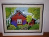 Tablou mare cusut brodat broderie veche inramata lucrat manual gradina flori si casuta casa rosie rama sticla