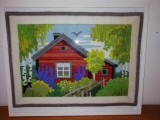 Tablou mare cusut brodat broderie veche inramata lucrat manual gradina flori si casuta casa rosie rama sticla