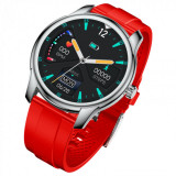 Cumpara ieftin Smartwatch iSEN Watch W9 Silver cu bratara rosie din TPU, 1.3 Display costomizabil, IP68, 200mAh, HR, Tensiune, Notificari, Muzica