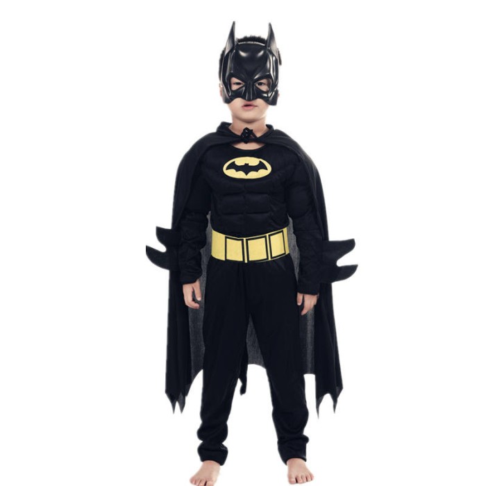 Set costum clasic Batman cu muschi si masca plastic pentru baieti, negru 128 - 140 cm 7-9 ani