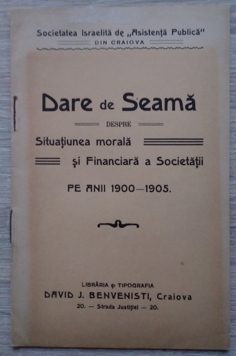 Societatea Israelita de Asistență Publică din Craiova / Dare de seama 1900/1905