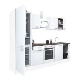 Mobilă de bucătărie Yorki 270, corp alb, față alb satinat, element cuptor inferior, frigider congelator inferior
