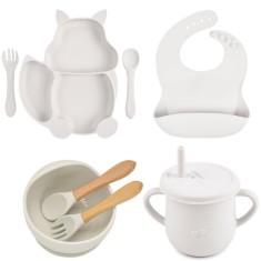Set 10 piese diversificare bebelusi din silicon, baveta, farfurie cu ventuza, bol cu ventuza, tacamuri din lemn si silicon, cana, fara alergeni, alb
