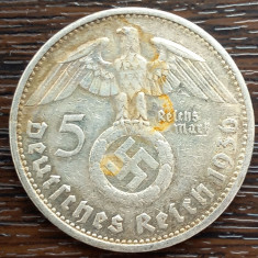 (A29) MONEDA DIN ARGINT GERMANIA - 5 MARK 1936, LIT. G, MAI RARA, CU SWASTIKA