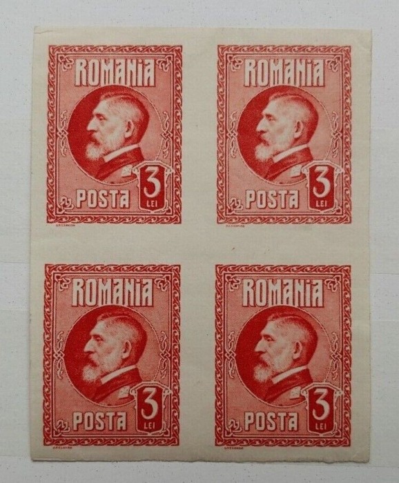 RO-219-ROMANIA 1926-Lp 74-60 ani FERDINANA-3 lei carmin NEDANTELAT bloc de 4 MNH