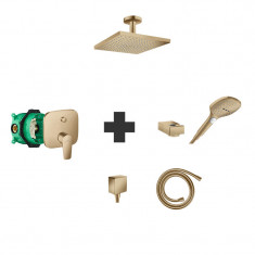 Set baterie de dus, Hansgrohe, Talis E, cu set de para, suport si furtun, palarie si brat de dus, cot racord si corp incastrat, bronz periat