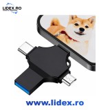 Stick Memorie USB 32GB pentru Telefon, Laptop, PC si Tableta, High Speed, 4 in 1, USB 3.0, Conectori USB / USB-C / Micro USB / Lightning, Transfer Rap