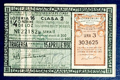 Bilet loterie Romania 1938 foto