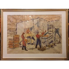 TABLOU, ELENA PETRAGLU NICULESCU ( DESLIU ) , &quot; HALA INDUSTRIALA &quot; , tehnica mixta / hartie , 1966