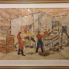 TABLOU, ELENA PETRAGLU NICULESCU ( DESLIU ) , " HALA INDUSTRIALA " , tehnica mixta / hartie , 1966