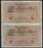 GERMANIA 2 X 1000 / 1.000 MARCI / MARK 1910 - Serii Consecutive [24] P - 44b , Serie Rosie , Sufix N , 7 cifre Litera U , a UNC / UNC