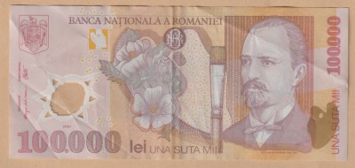 (3) BANCNOTA ROMANIA - 100.000 LEI 2001 (2002), POYMER, PORTRET NICOLAE GRIGORESCU foto