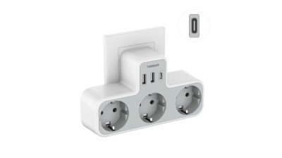 Priza Multipla Tessan TS-323-C, 3 Prize, 1 port USB-C, 2 Porturi USB, 240 V, Alb ,2500W 10A foto