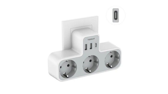 Priza Multipla Tessan TS-323-C, 3 Prize, 1 port USB-C, 2 Porturi USB, 240 V, Alb ,2500W 10A