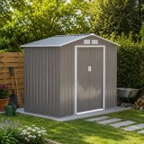 Cumpara ieftin Casuta de gradina pentru depozitare unelte, cu structura baza inclusa, metal si PP, gri, 213x130x185 cm