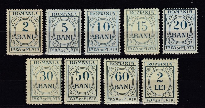 ROMANIA 1911 TAXE DE PLATA CU INSCRIPTIA ROMANIA EMISIUNEA a II-a PSEUDOFILIGRAN VIII P.R. MONOGRAM INCRUSTAT SERIE STARE MNH