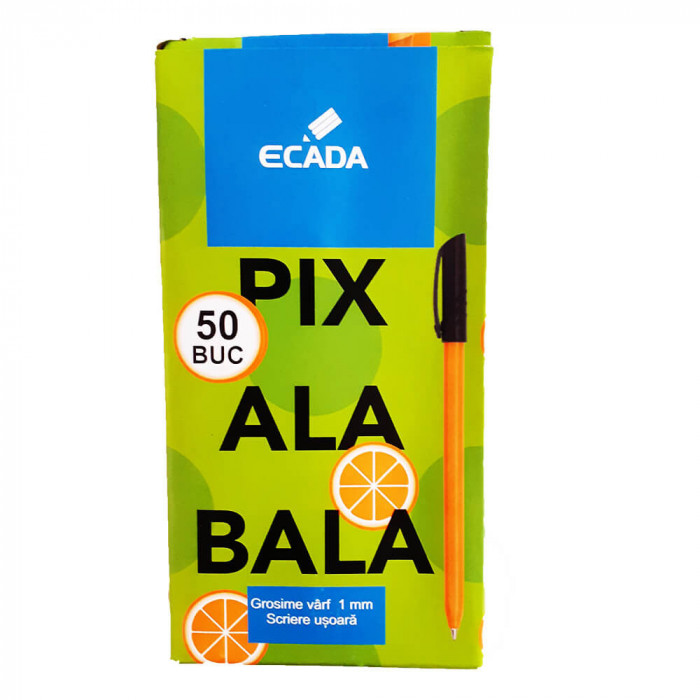 Pix ECADA Ala Bala, 50 Buc/Set, Varf 1 mm, Mina Albastra, Corp din Plastic, Pixuri Plastic, Pixuri Scolari, Pixuri Scoala, Pixuri Scolare, Pix pentru