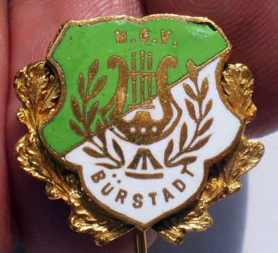 I.657 INSIGNA STICKPIN GERMANIA MUZICA LIRA MGV B&amp;Uuml;RSTADT h179mm email foto