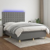vidaXL Pat cu arcuri, saltea și LED, gri &icirc;nchis, 140x190 cm, textil