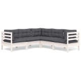 Set mobilier de gradina cu perne, 5 piese, alb, lemn masiv pin