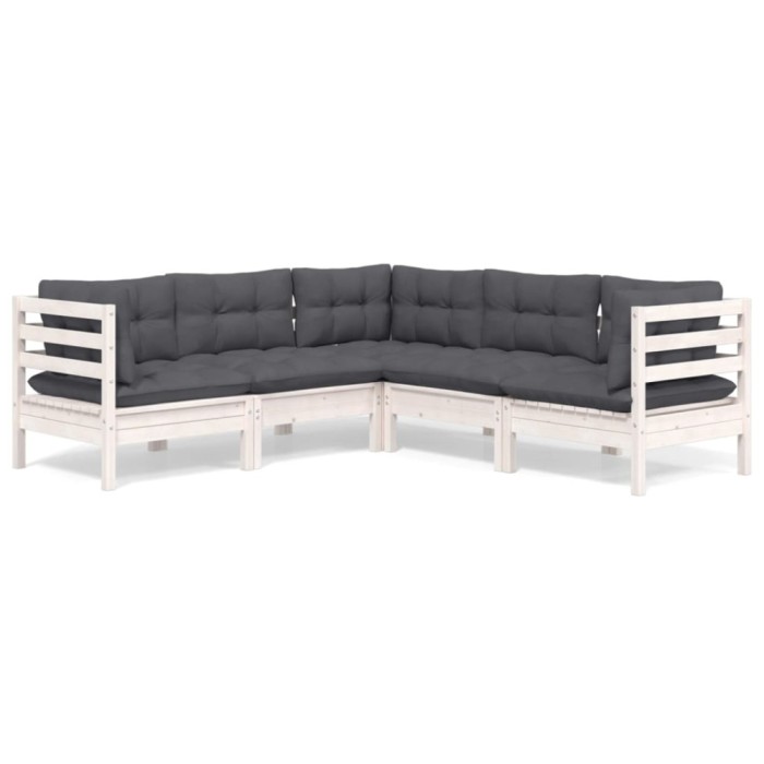 Set mobilier de gradina cu perne, 5 piese, alb, lemn masiv pin
