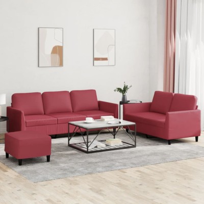 vidaXL Set de canapele cu perne, 3 piese, roșu vin, piele ecologică foto